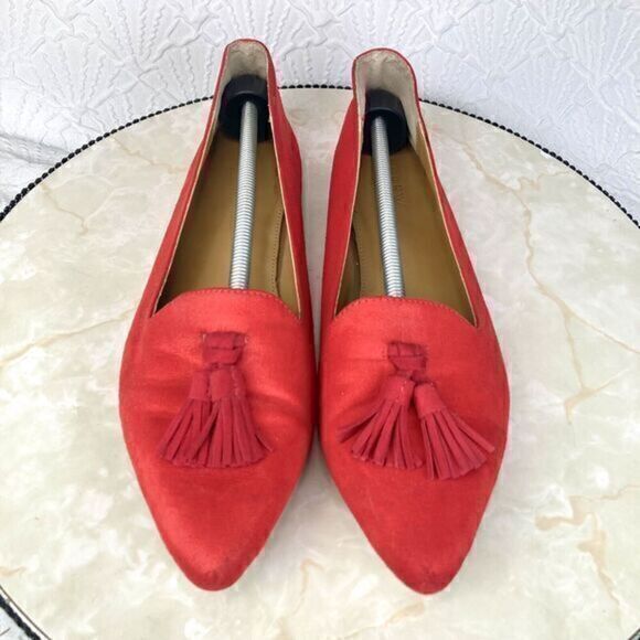 J. Crew Tassel Loafers Womens Size 9 Red Microsuede Pointed Toe Slip On Shoes - Picture 4 of 12
